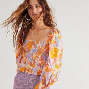 FREE PEOPLE Ariana Cropped Top Womens S Multi Floral Puff Sleeve Smocked Cotton